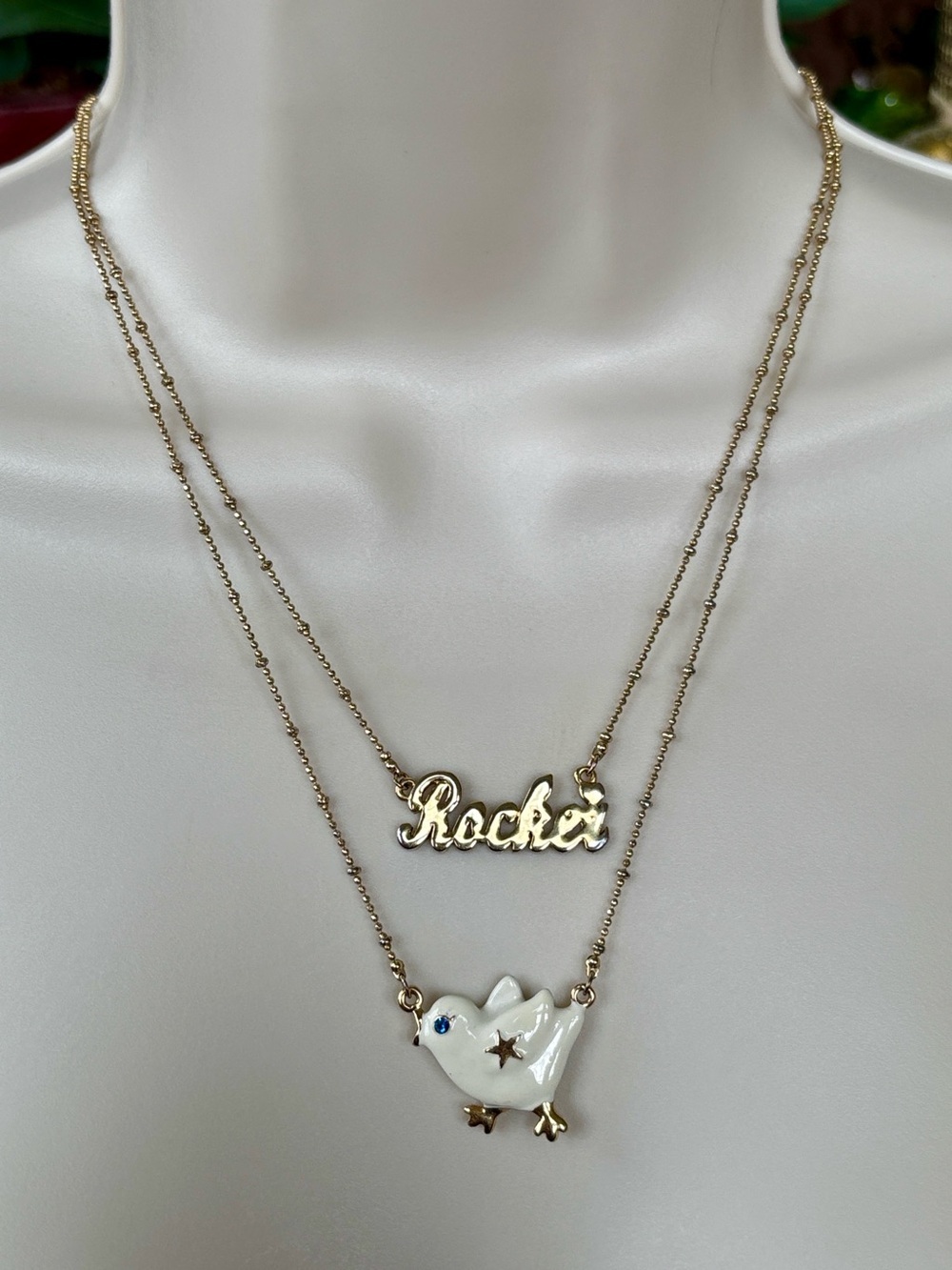 RARE Vintage Betsey Johnson Rocker Chick Gold Tone Double Strand Bird Pendant